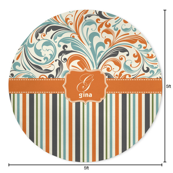 Orange Blue Swirls & Stripes Round Area Rug - Size