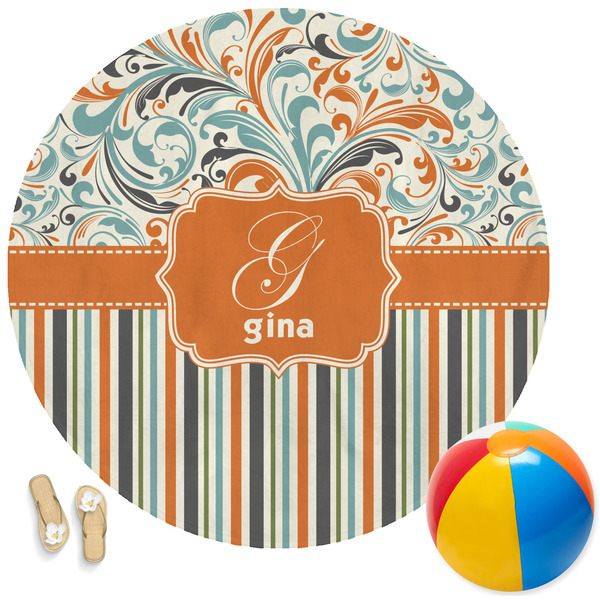 Custom Orange Blue Swirls & Stripes Round Beach Towel (Personalized)