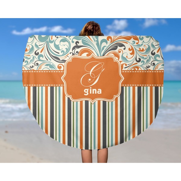 Orange Blue Swirls & Stripes Round Beach Towel - In Use