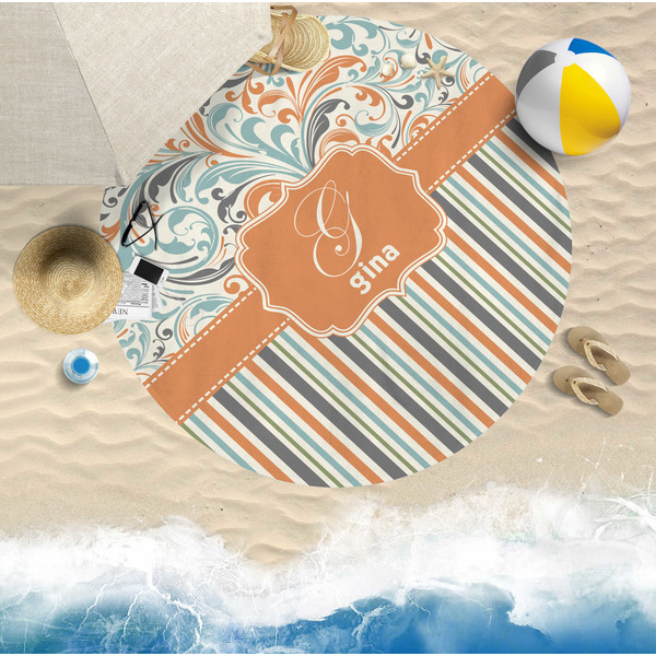 Orange Blue Swirls & Stripes Round Beach Towel Lifestyle