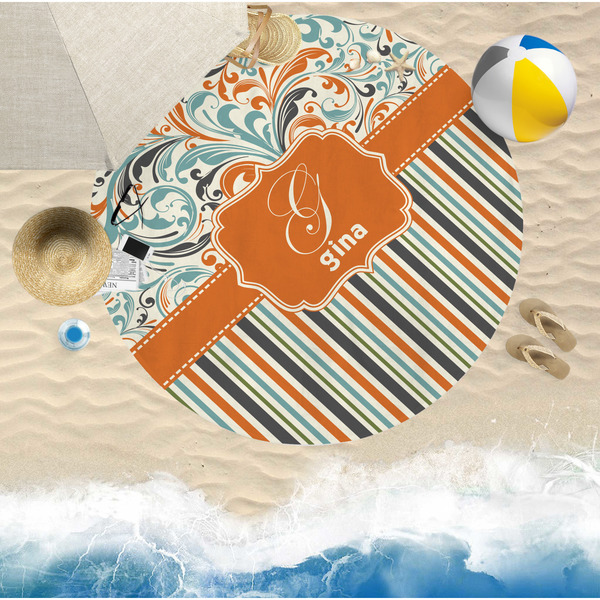 Orange Blue Swirls & Stripes Round Beach Towel Lifestyle