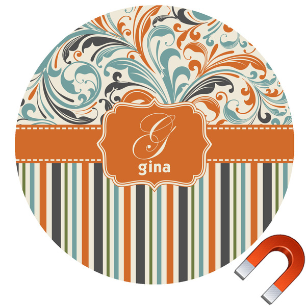 Custom Orange Blue Swirls & Stripes Round Car Magnet - 6" (Personalized)