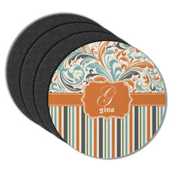 Orange Blue Swirls & Stripes Round Rubber Backed Coasters - Set of 4 (Personalized)
