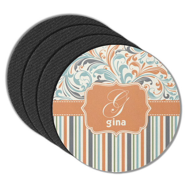 Custom Orange Blue Swirls & Stripes Round Rubber Backed Coasters - Set of 4 (Personalized)
