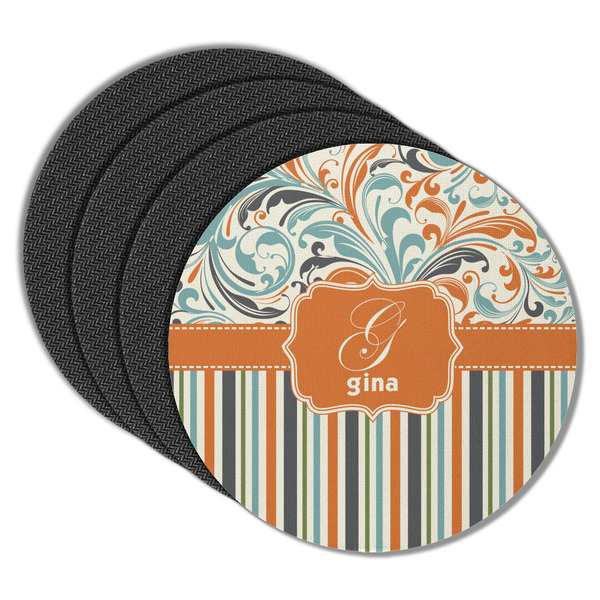 Custom Orange Blue Swirls & Stripes Round Rubber Backed Coasters - Set of 4 (Personalized)