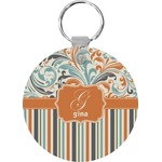 Orange Blue Swirls & Stripes Round Plastic Keychain (Personalized)