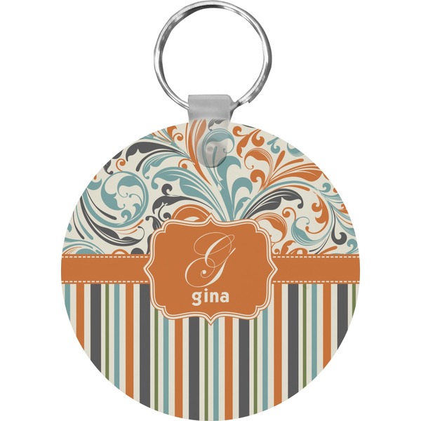 Custom Orange Blue Swirls & Stripes Round Plastic Keychain (Personalized)