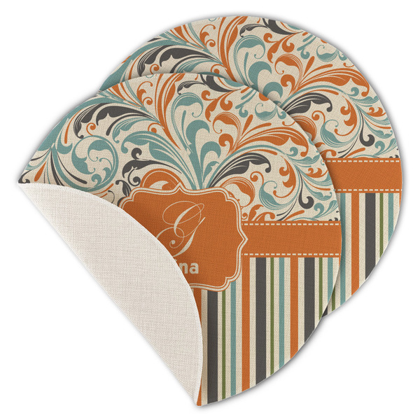 Orange Blue Swirls & Stripes Round Linen Placemats - MAIN (Single Sided)