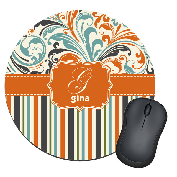 Custom Orange Blue Swirls & Stripes Round Mouse Pad (Personalized)