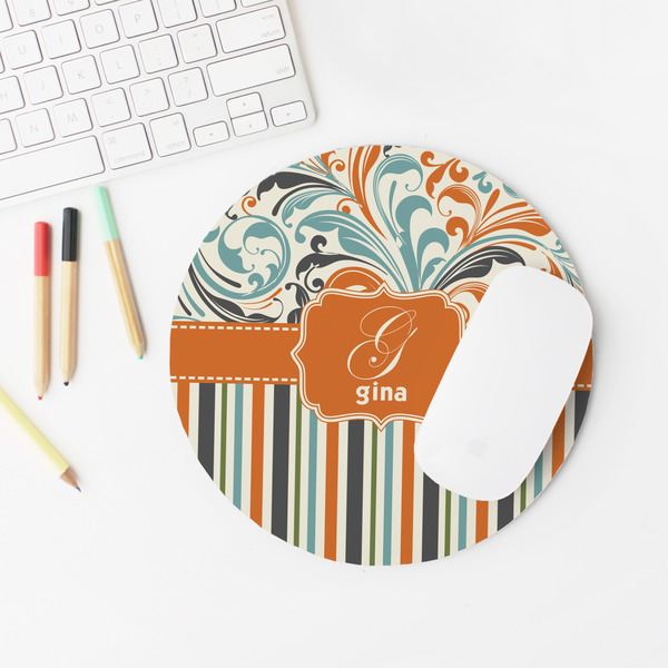 Orange Blue Swirls & Stripes Round Mousepad - LIFESTYLE 2