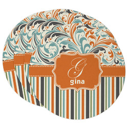 Orange Blue Swirls & Stripes Round Paper Coasters w/ Name and Initial