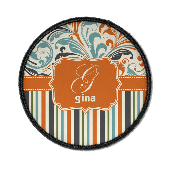 Custom Orange Blue Swirls & Stripes Iron On Round Patch w/ Name and Initial