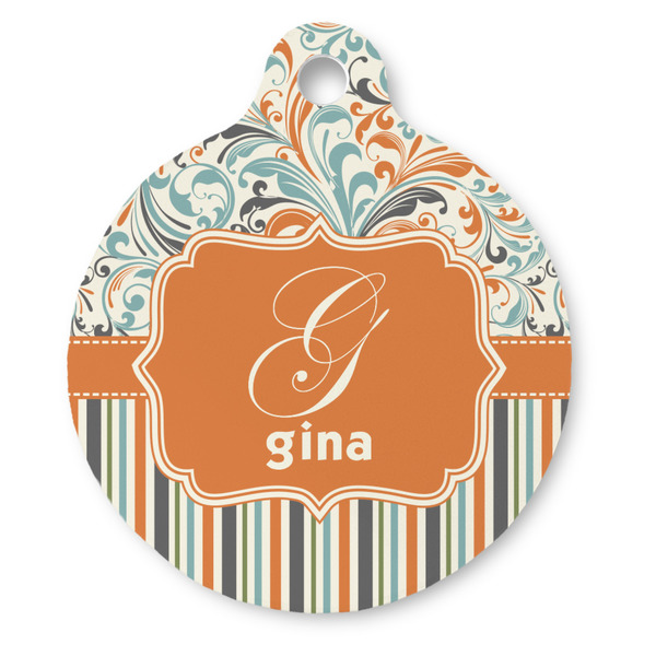 Custom Orange Blue Swirls & Stripes Round Pet ID Tag (Personalized)