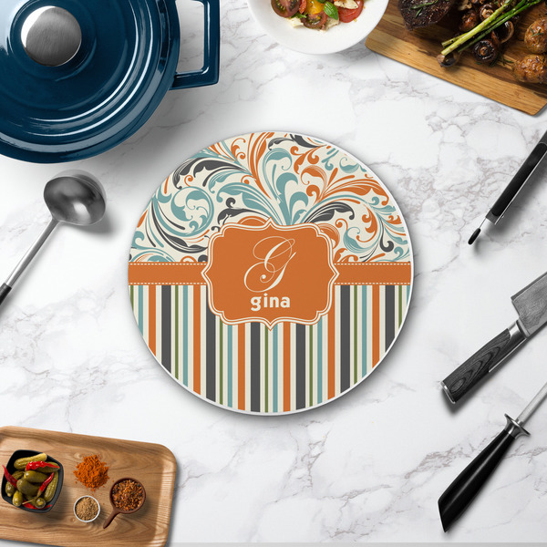 Orange Blue Swirls & Stripes Round Stone Trivet - In Context View