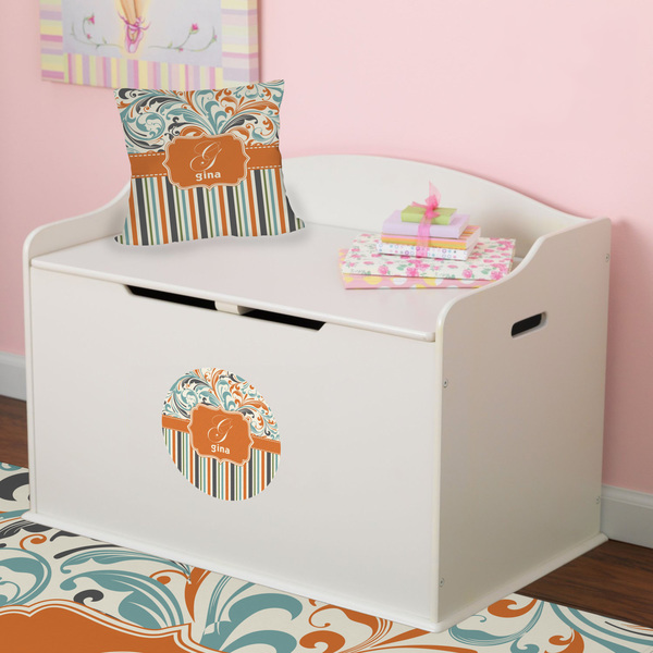 Orange Blue Swirls & Stripes Round Wall Decal on Toy Chest