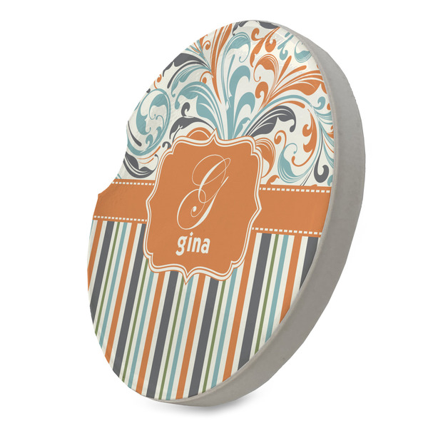 Orange Blue Swirls & Stripes Sandstone Car Coaster - STANDING ANGLE