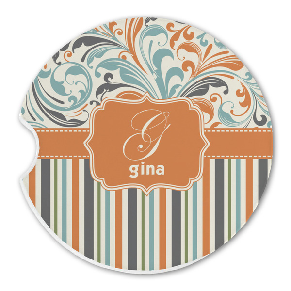 Custom Orange Blue Swirls & Stripes Sandstone Car Coaster - Single (Personalized)