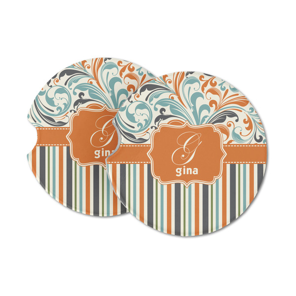 Custom Orange Blue Swirls & Stripes Sandstone Car Coasters - Set of 2 (Personalized)