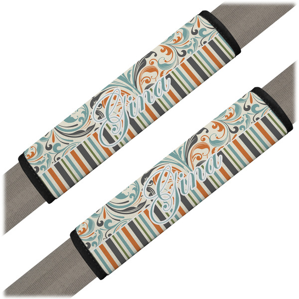 Custom Orange Blue Swirls & Stripes Seat Belt Covers (Set of 2) (Personalized)