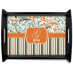 Orange Blue Swirls & Stripes Black Wooden Tray - Large (Personalized)