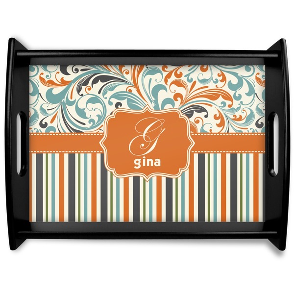 Custom Orange Blue Swirls & Stripes Black Wooden Tray - Large (Personalized)