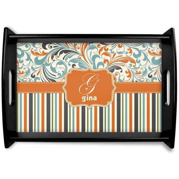 Custom Orange Blue Swirls & Stripes Black Wooden Tray - Small (Personalized)
