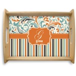 Orange Blue Swirls & Stripes Natural Wooden Tray - Large (Personalized)