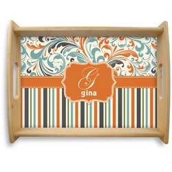 Orange Blue Swirls & Stripes Natural Wooden Tray - Large (Personalized)