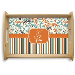 Orange Blue Swirls & Stripes Natural Wooden Tray - Small (Personalized)