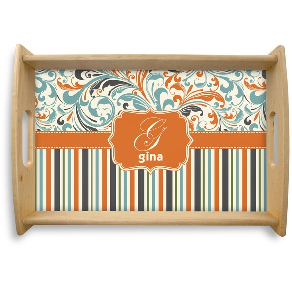 Custom Orange Blue Swirls & Stripes Natural Wooden Tray - Small (Personalized)