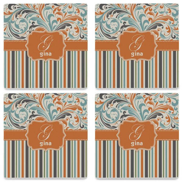 Orange Blue Swirls & Stripes Set of 4 Sandstone Coasters - See All 4 View