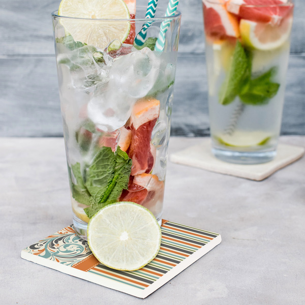 Orange Blue Swirls & Stripes Set of 4 Stone Coasters - In Context View