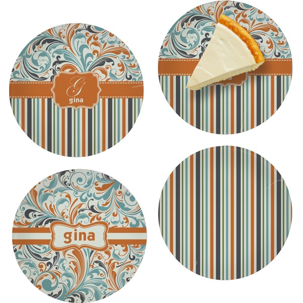 Custom Orange Blue Swirls & Stripes Set of 4 Glass Appetizer / Dessert Plate 8" (Personalized)