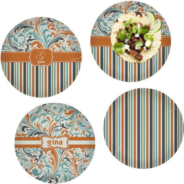 Custom Orange Blue Swirls & Stripes Set of 4 Glass Lunch / Dinner Plate 10" (Personalized)