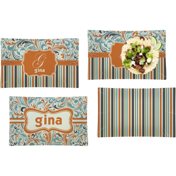 Orange Blue Swirls & Stripes Set of Rectangular Dinner Plates