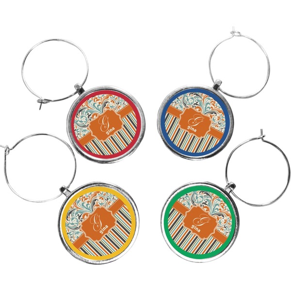 Custom Orange Blue Swirls & Stripes Wine Charms (Set of 4) (Personalized)