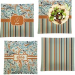 Orange Blue Swirls & Stripes Set of 4 Glass Square Lunch / Dinner Plate 9.5" (Personalized)