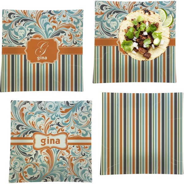 Custom Orange Blue Swirls & Stripes Set of 4 Glass Square Lunch / Dinner Plate 9.5" (Personalized)