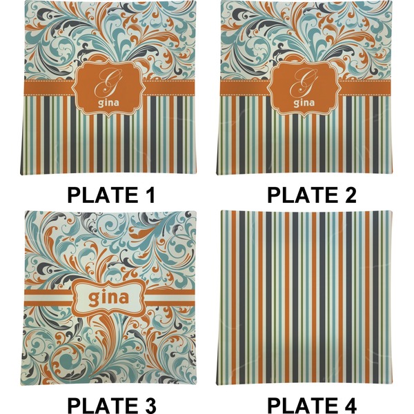 Orange Blue Swirls & Stripes Set of Square Dinner Plates (Approval)