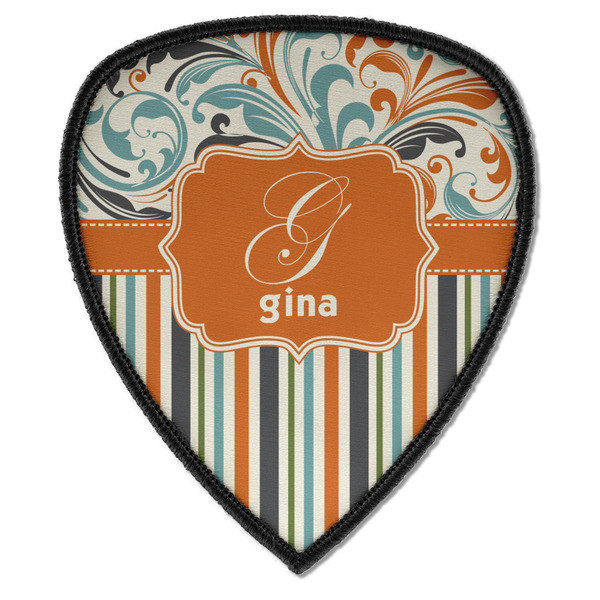 Custom Orange Blue Swirls & Stripes Iron on Shield Patch A w/ Name and Initial