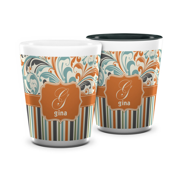 Custom Orange Blue Swirls & Stripes Ceramic Shot Glass - 1.5 oz (Personalized)