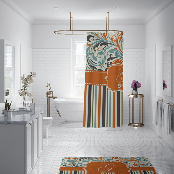 Orange Blue Swirls & Stripes Shower Curtain - 70"x83"