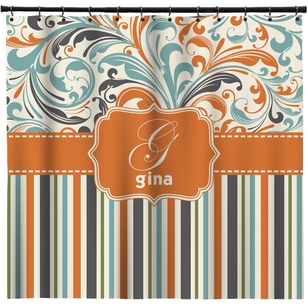 Custom Orange Blue Swirls & Stripes Shower Curtain (Personalized)