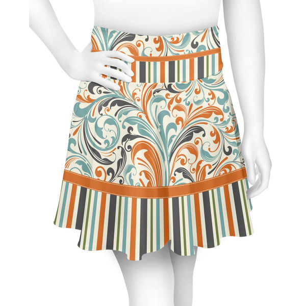 Custom Orange Blue Swirls & Stripes Skater Skirt - X Small