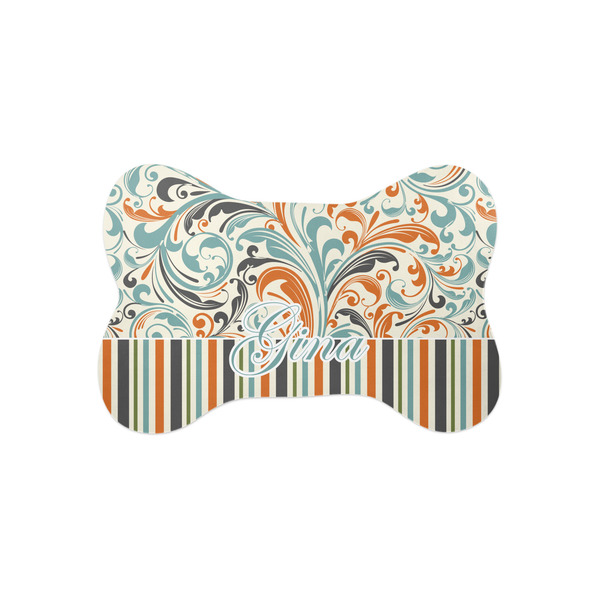 Custom Orange Blue Swirls & Stripes Bone Shaped Dog Food Mat (Small) (Personalized)