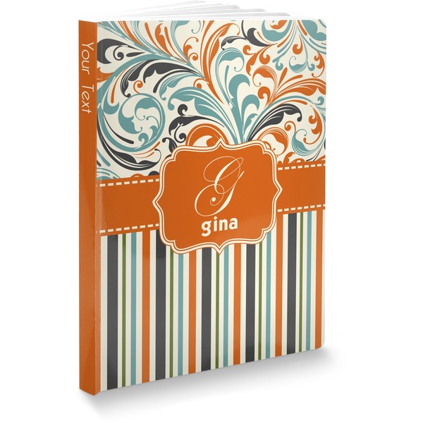 Custom Orange Blue Swirls & Stripes Softbound Notebook (Personalized)