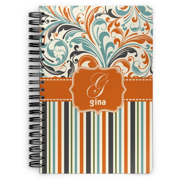 Custom Orange Blue Swirls & Stripes Spiral Notebook - 7x10 w/ Name and Initial