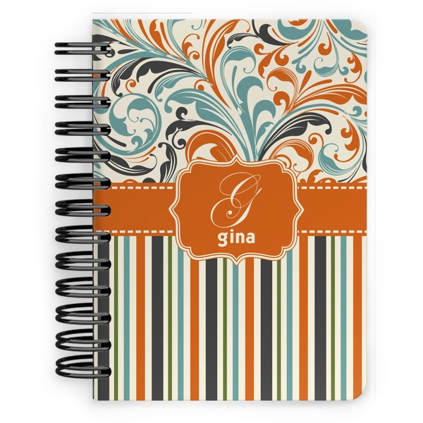 Custom Orange Blue Swirls & Stripes Spiral Notebook - 5x7 w/ Name and Initial