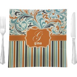 Orange Blue Swirls & Stripes 9.5" Glass Square Lunch / Dinner Plate- Single or Set of 4 (Personalized)
