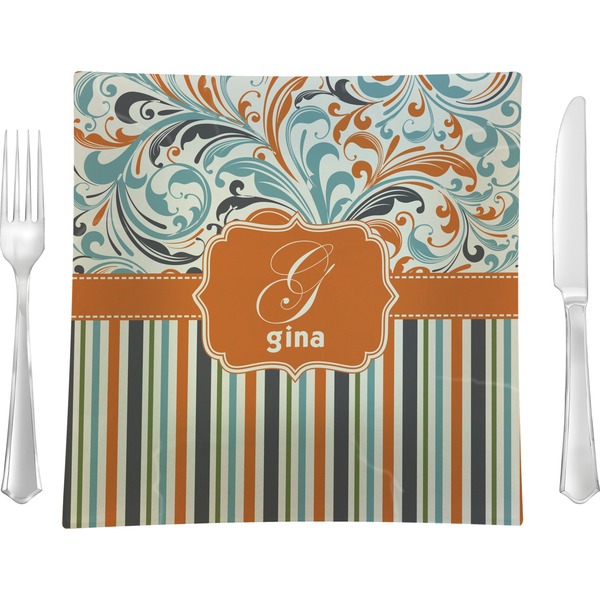 Custom Orange Blue Swirls & Stripes 9.5" Glass Square Lunch / Dinner Plate- Single or Set of 4 (Personalized)